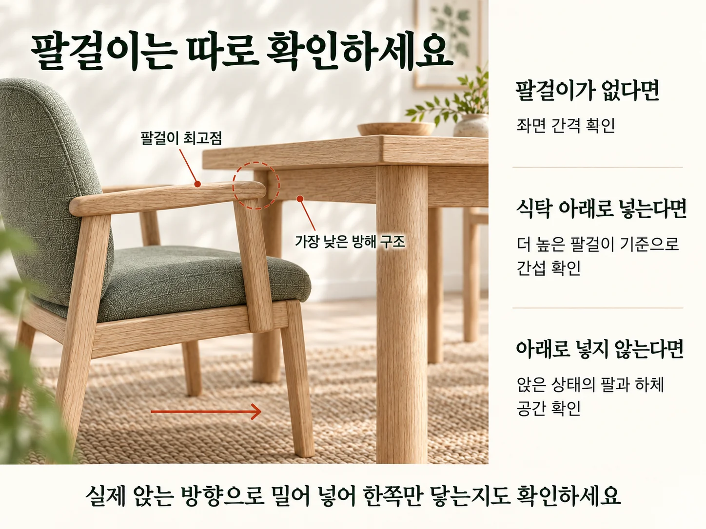 팔걸이 의자와 식탁 하부 프레임 간섭 확인