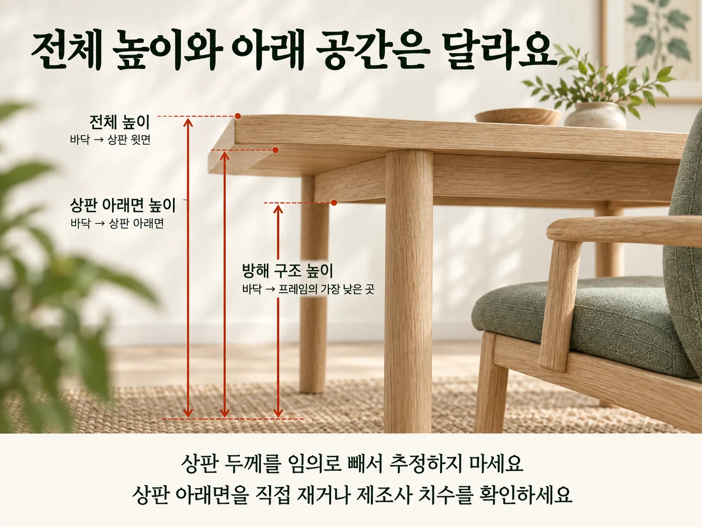 식탁 전체 높이와 상판 아래면 높이 비교
