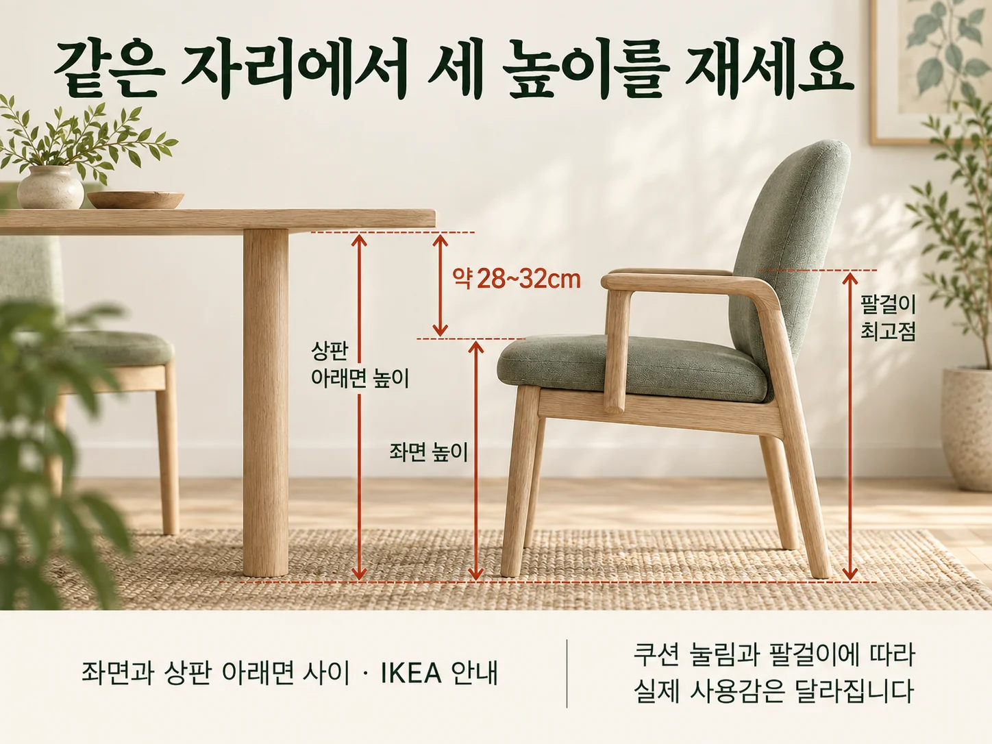 식탁 의자 좌면 높이와 상판 아래면 간격 측정