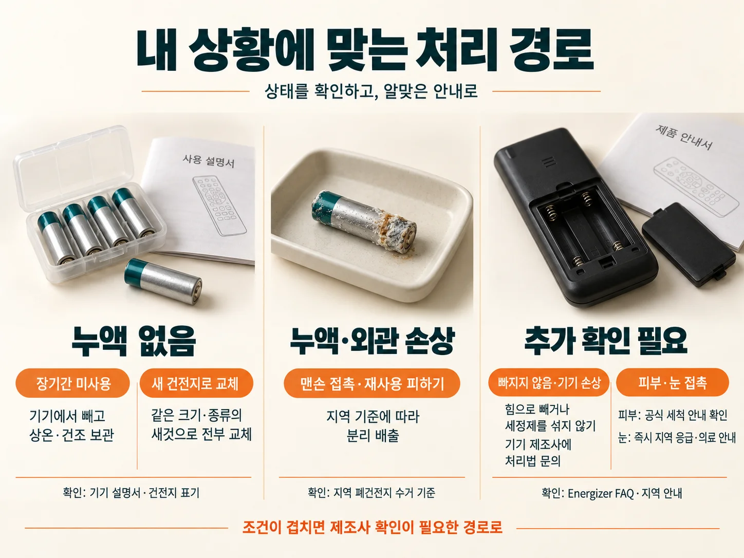 누액 건전지 상태별 처리와 폐건전지 수거 판단 경로 이미지