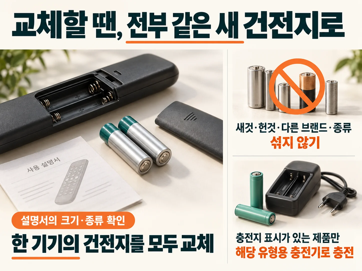 새 건전지와 헌 건전지를 섞지 않는 건전지 교체 기준 이미지