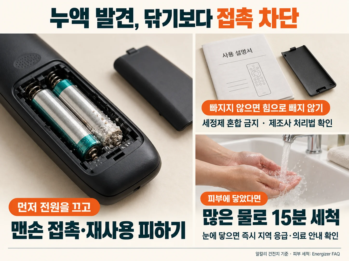 건전지 누액 발견 시 맨손 접촉을 피하는 안전 대응 순서 이미지