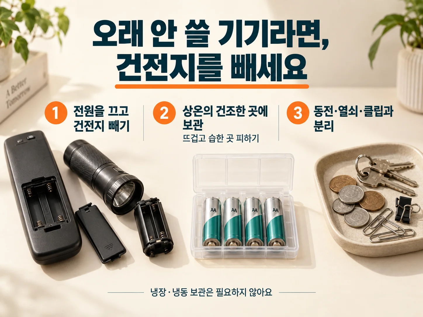 장기간 미사용 기기의 건전지 보관과 누액 예방 방법 이미지