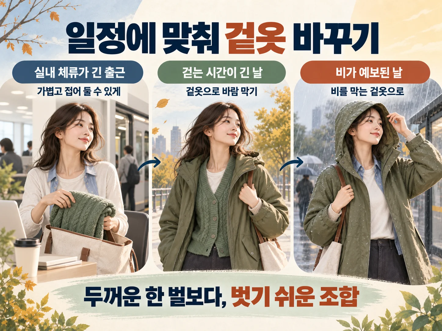· 출근과 야외 이동 일정에 맞춘 겉옷 선택