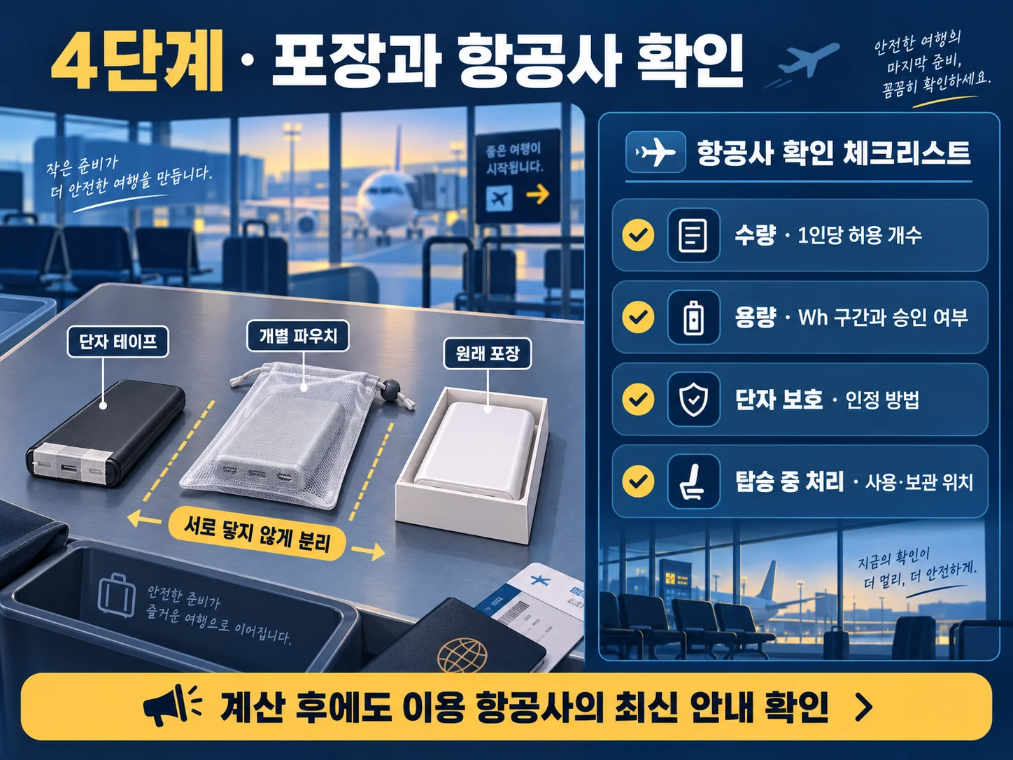 · 보조배터리 단자 보호와 항공사 반입 조건 확인 항목