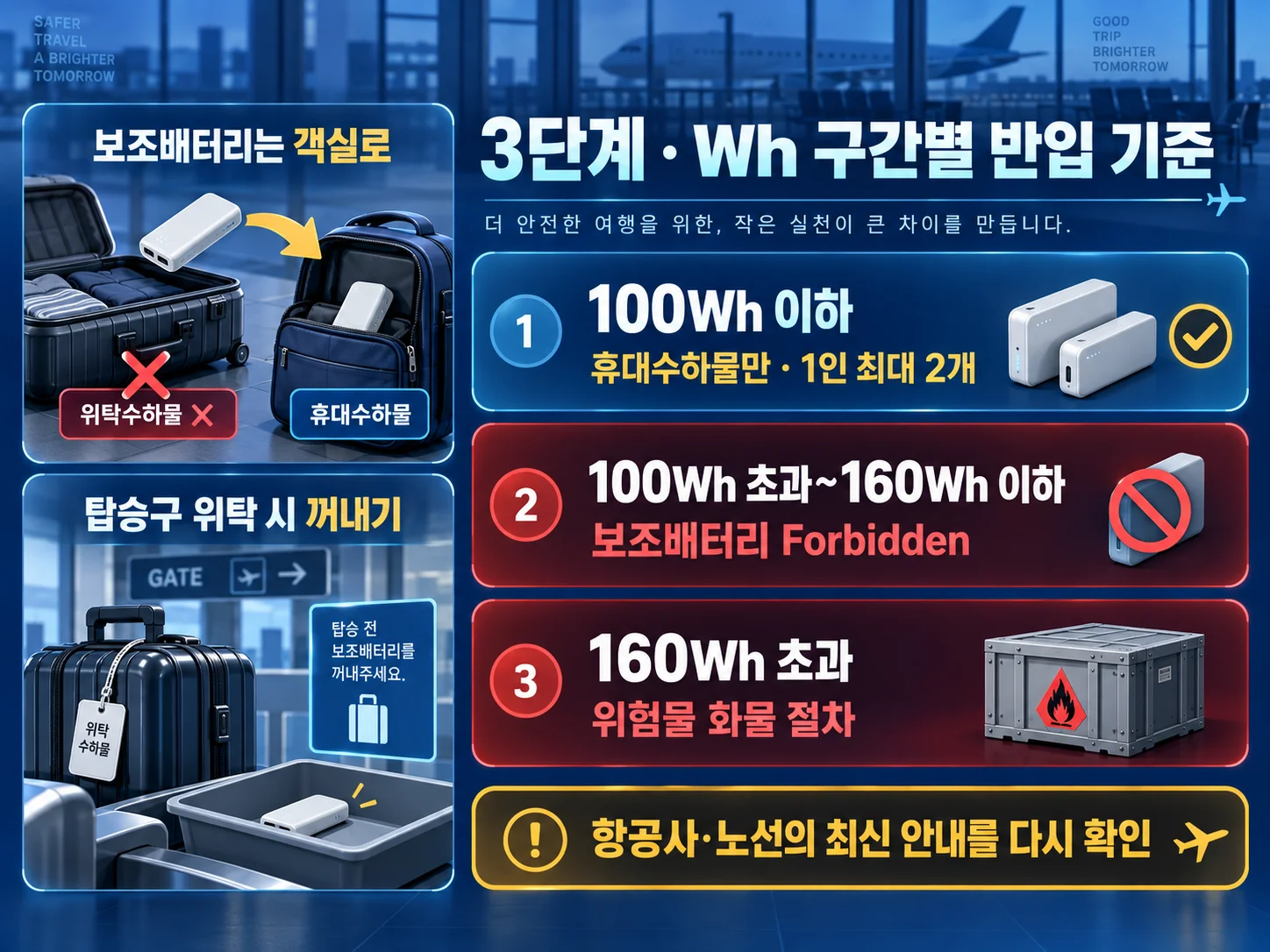 · 보조배터리 Wh 구간별 기내 반입 기준과 휴대수하물 원칙