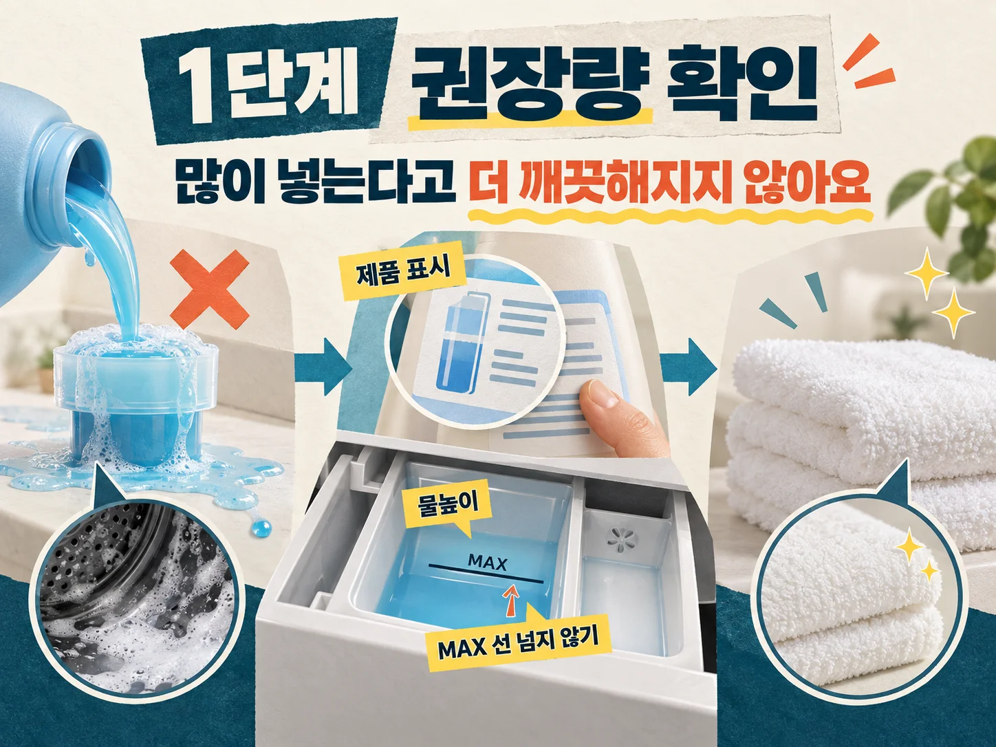 수건 쉰내 예방을 위한 세제와 섬유유연제 권장량 확인