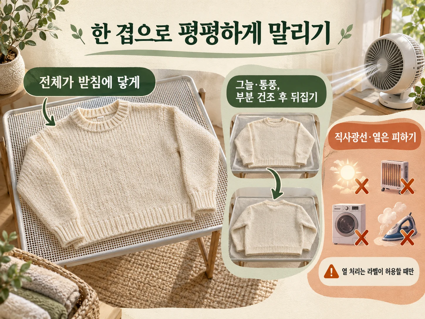 니트를 건조망 위에 평평하게 펼쳐 말리는 평건조 방법