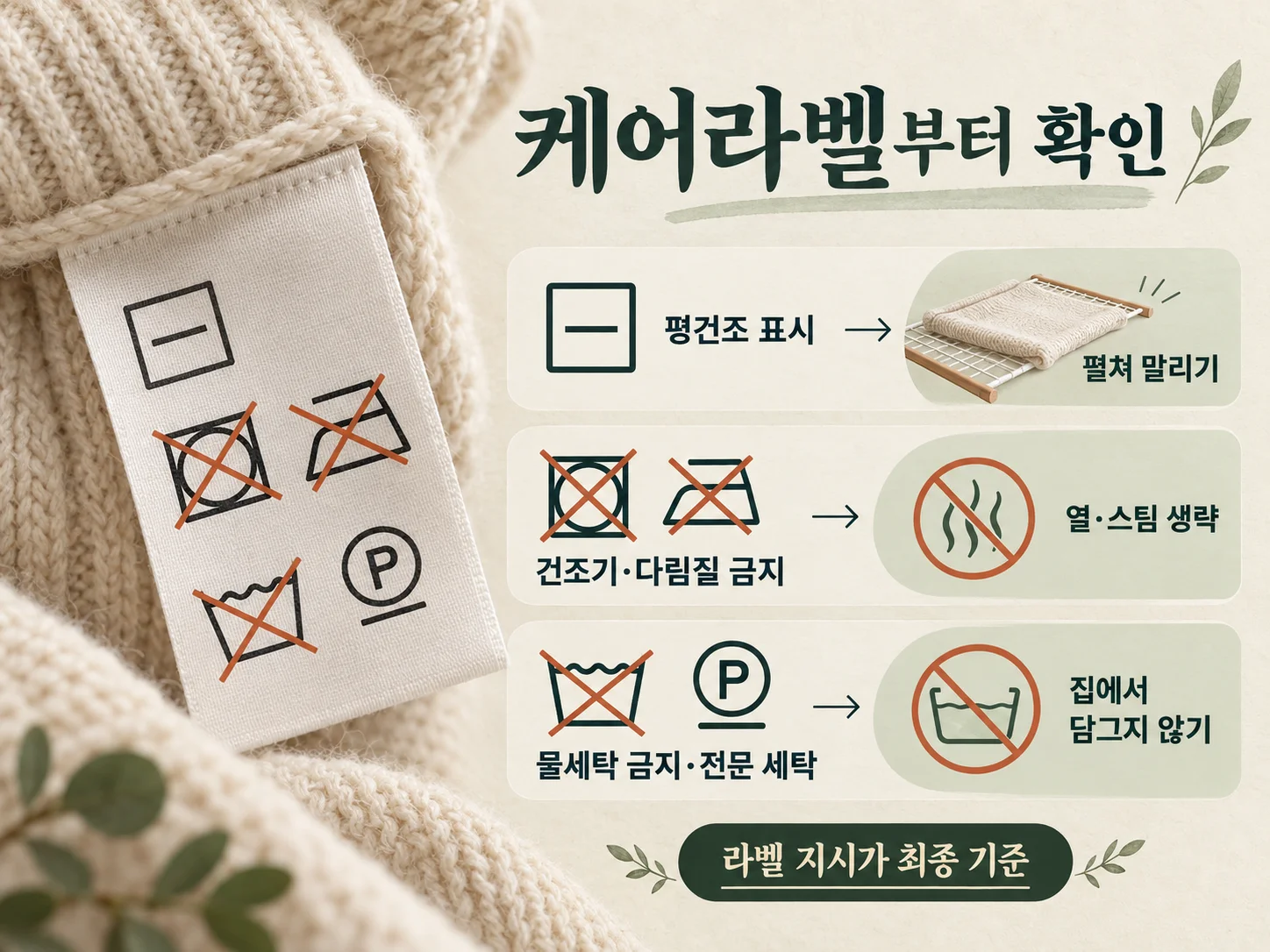니트 케어라벨의 평건조와 열 처리 금지 표시 확인