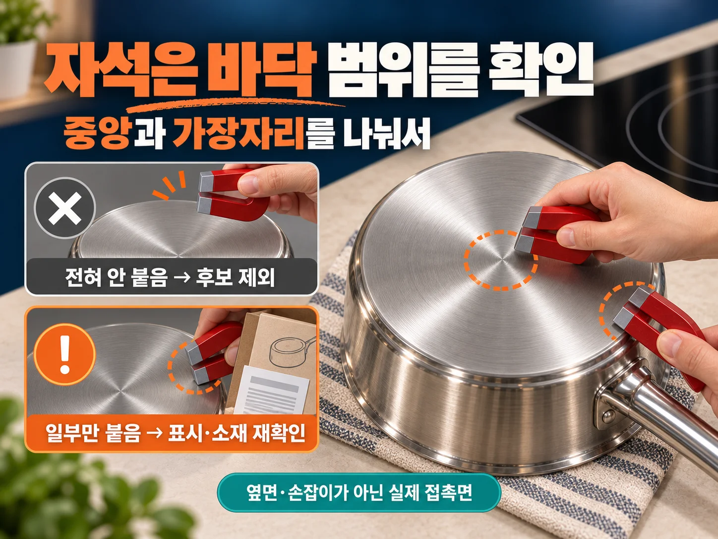 자석으로 인덕션 냄비 바닥의 자성을 확인하는 방법