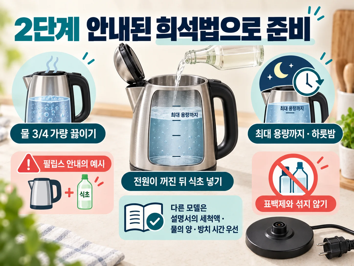 전기포트 물때 제거용 허용 세척액의 희석과 혼합 주의 사항