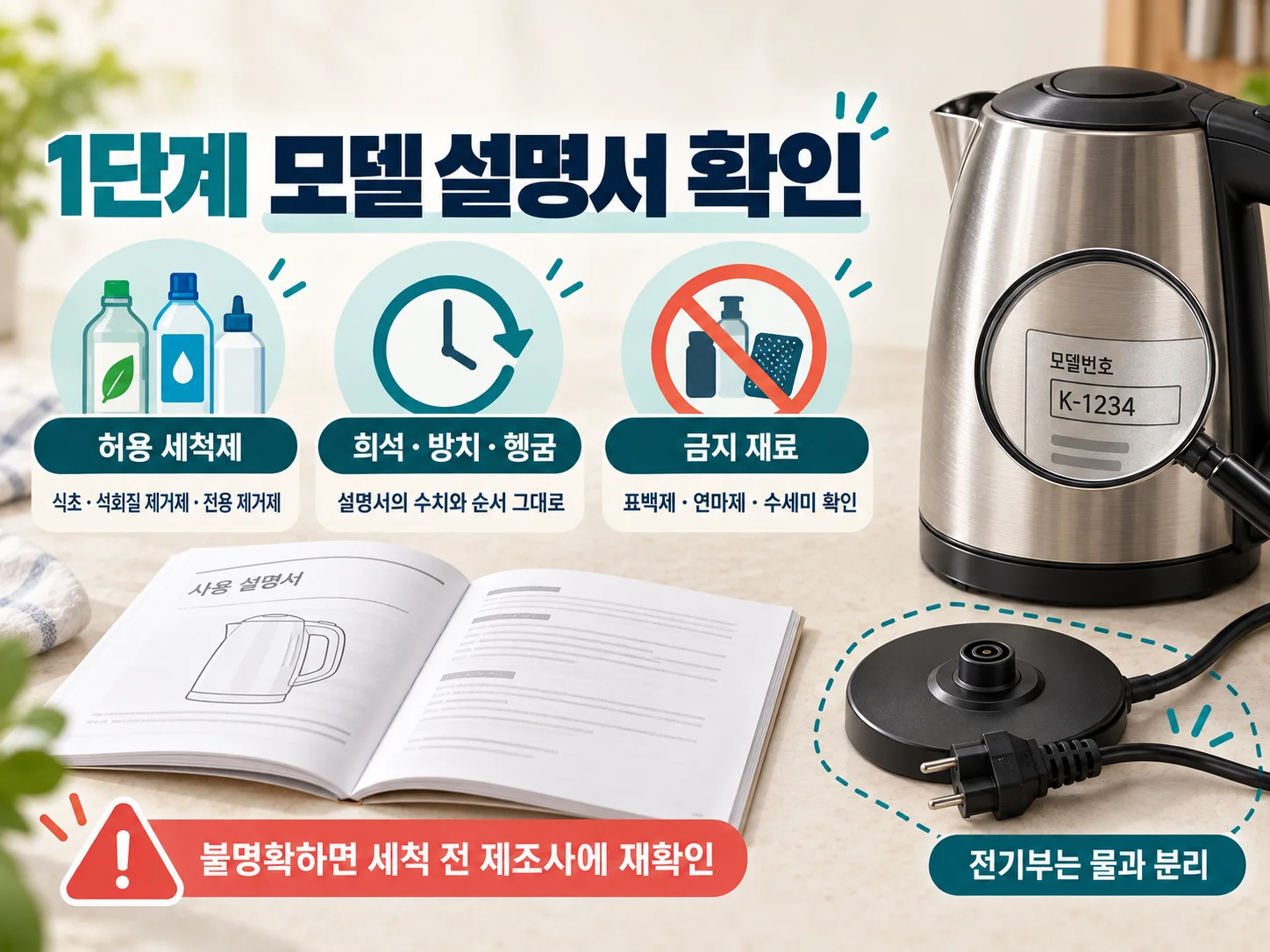 전기포트 세척 금지 재료와 허용 세척제를 설명서에서 확인하는 방법