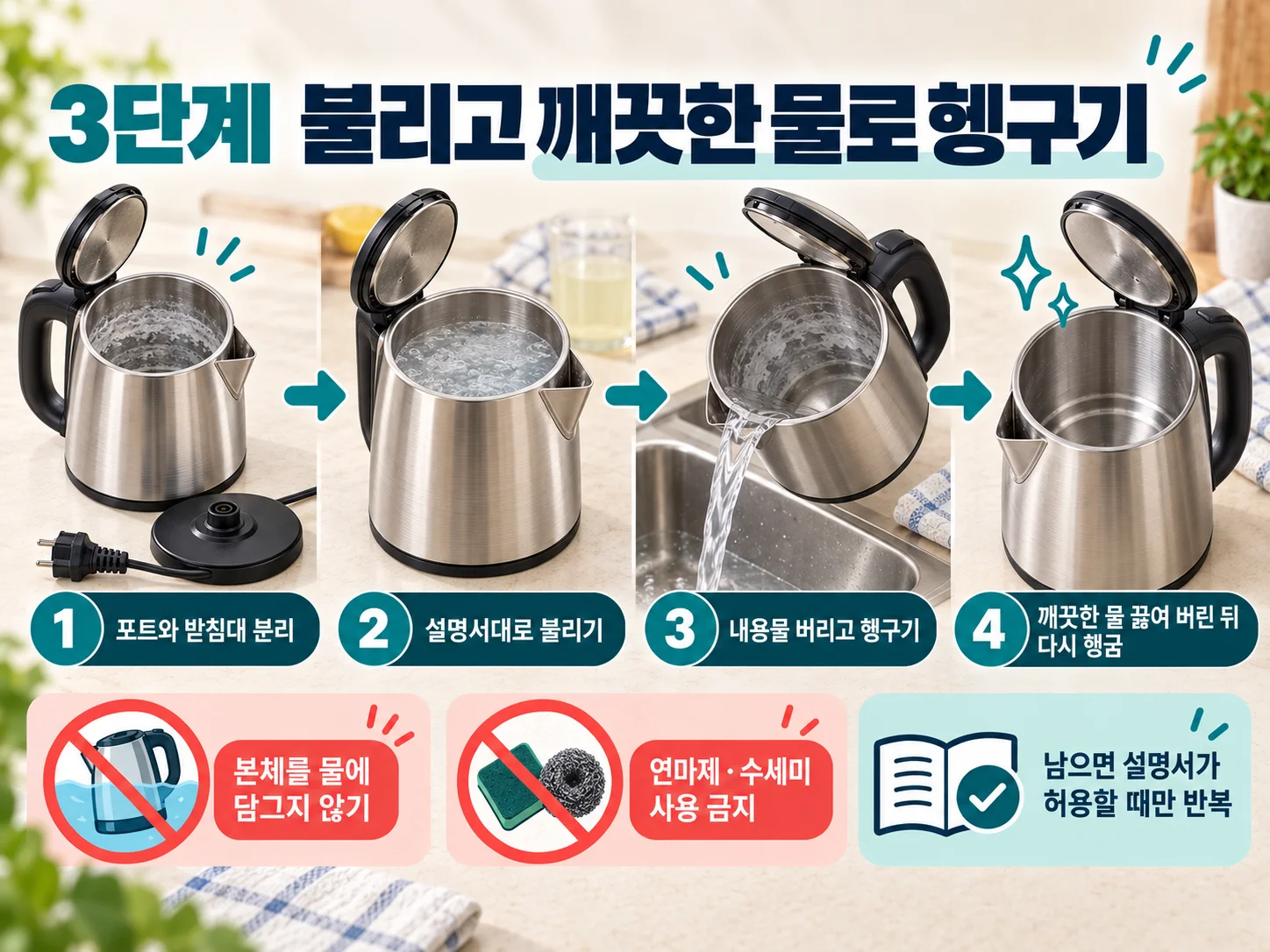 전기부를 젖게 하지 않고 전기포트 흰 물때를 헹구는 세척 순서