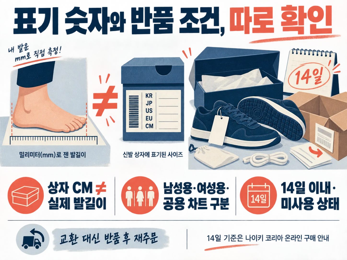 러닝화 상자 CM 표기와 온라인 반품 조건 확인