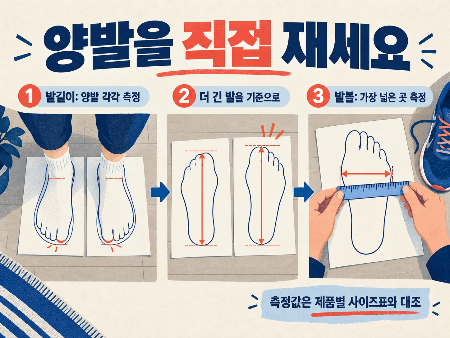 러닝화 발길이와 발볼을 양발 각각 측정하는 과정
