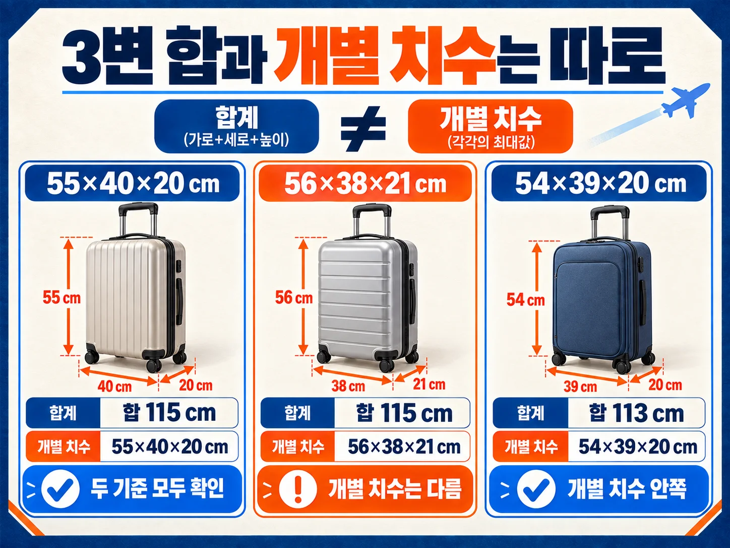 기내용 캐리어의 3변 합과 개별 최대 치수 비교