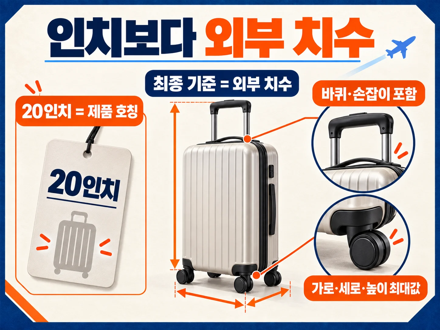 바퀴와 손잡이를 포함해 기내용 캐리어 외부 치수를 확인하는 기준