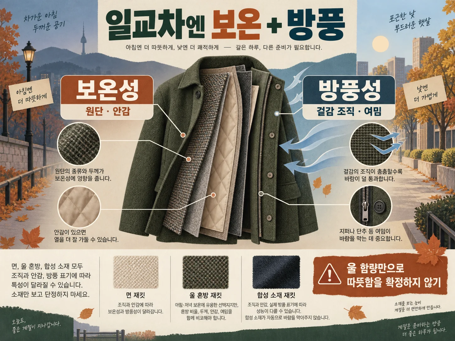 일교차 큰 날 가을 자켓의 보온성과 방풍성 비교