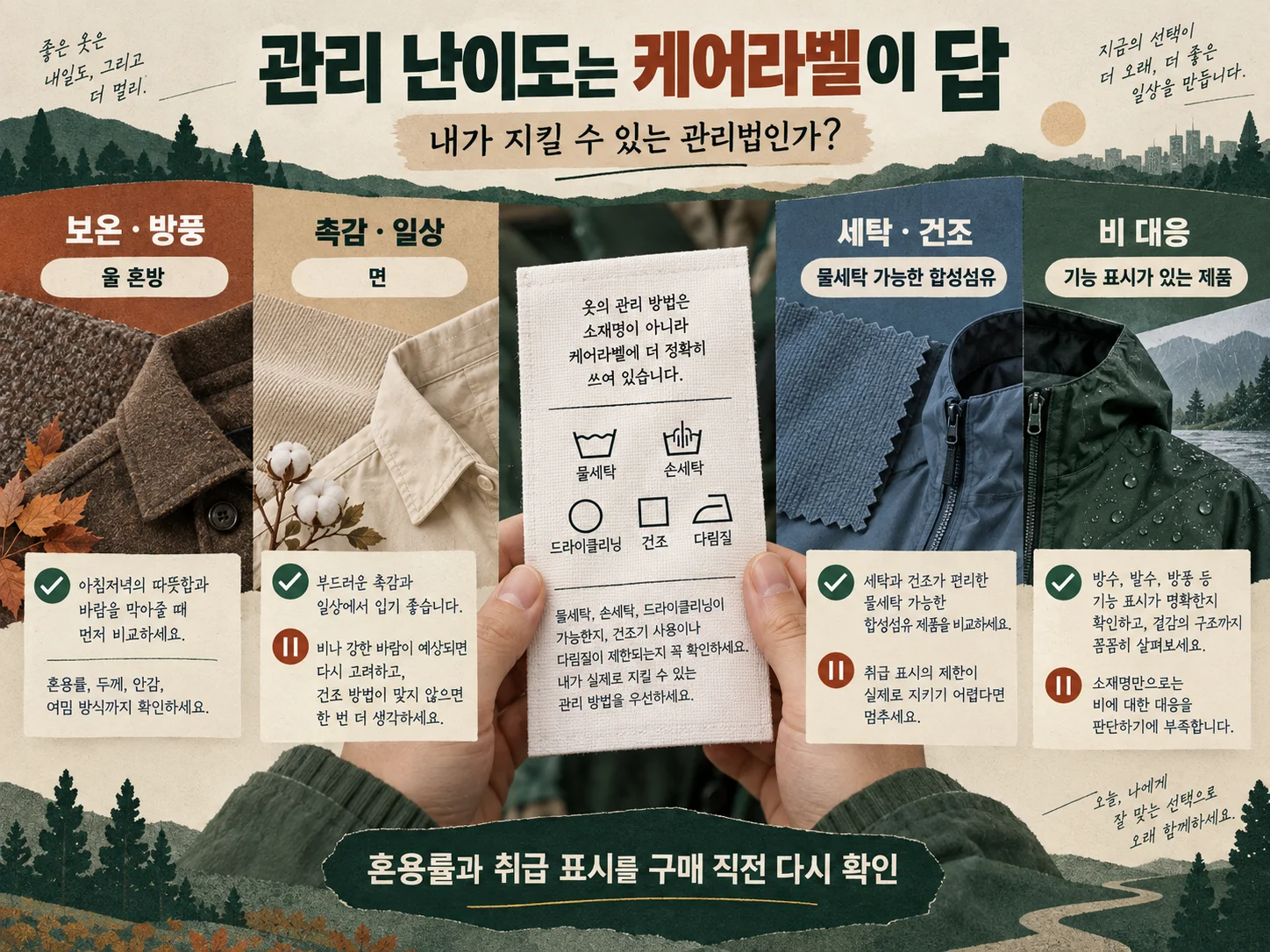 면 울 혼방 합성섬유 자켓의 케어라벨과 관리 난이도 비교