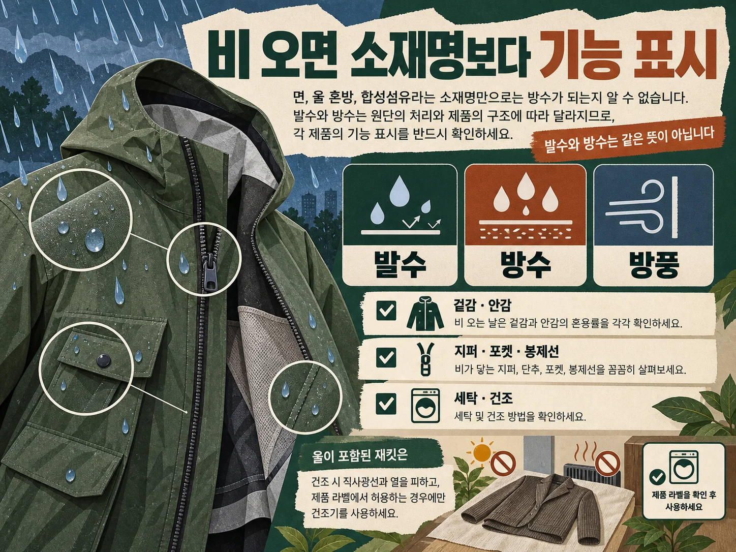 비 예보 시 자켓 발수·방수·방풍 기능 표기 확인