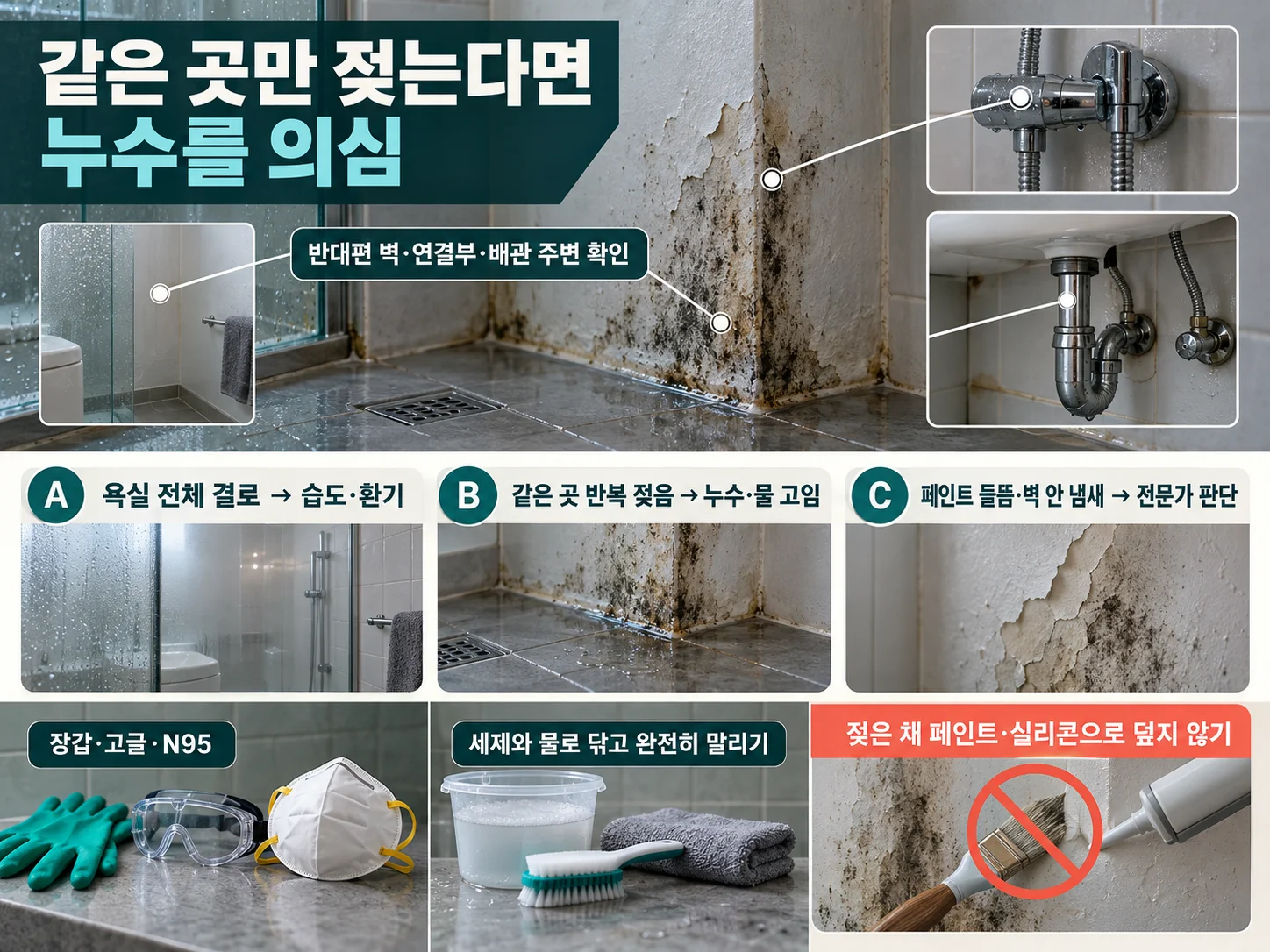 욕실 곰팡이 원인이 되는 누수와 물 고임 확인