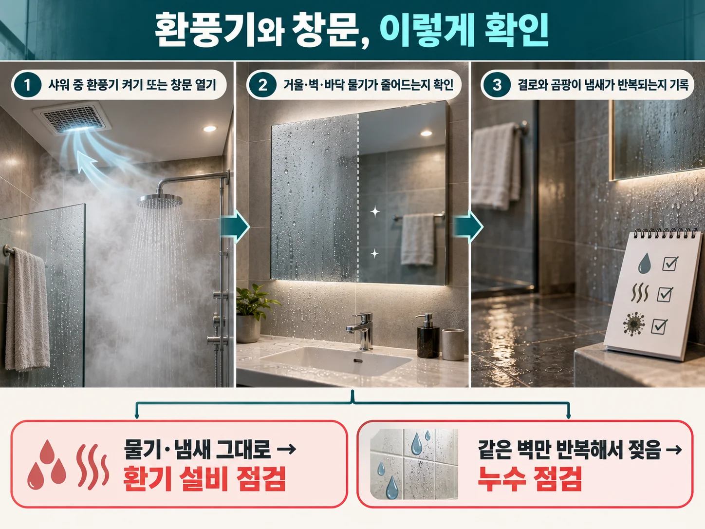 욕실 환풍기와 창문으로 습기를 줄이는 환기 점검