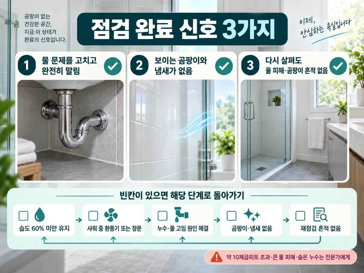 욕실 곰팡이 재발 방지 완료를 확인하는 물기 점검