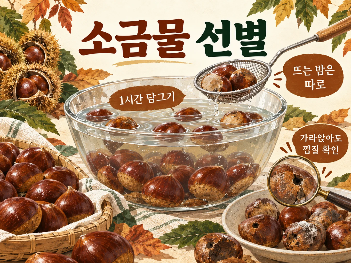 소금물에 뜨는 밤을 골라내는 햇밤 선별 방법