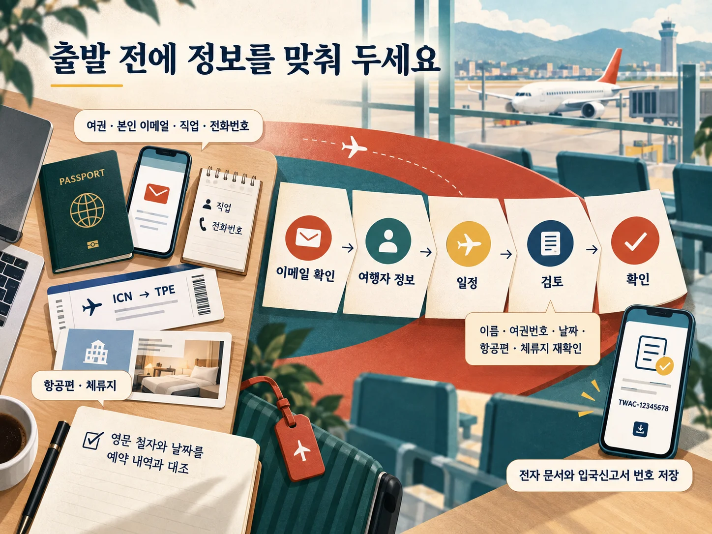 • TWAC 입국신고서 작성 전 여권·이메일·항공편·숙소 정보
