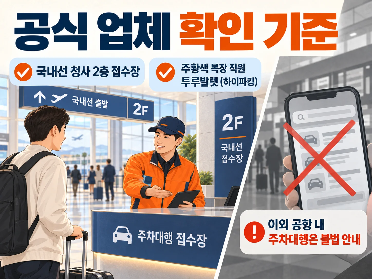 김포공항 주차대행 공식 접수장과 주황색 복장 직원 확인