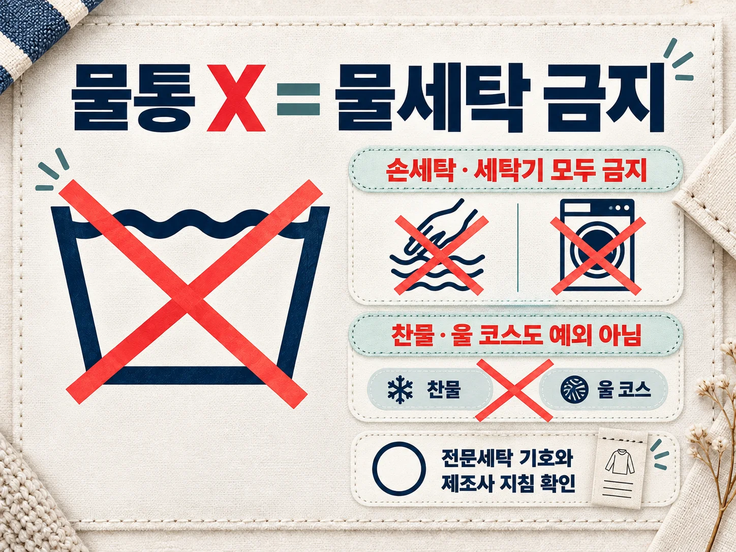 세탁 라벨의 물통 X 물세탁 금지 기호