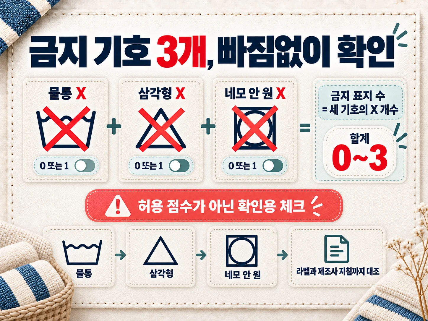 세탁 라벨 금지 기호 수를 세는 확인 체크리스트
