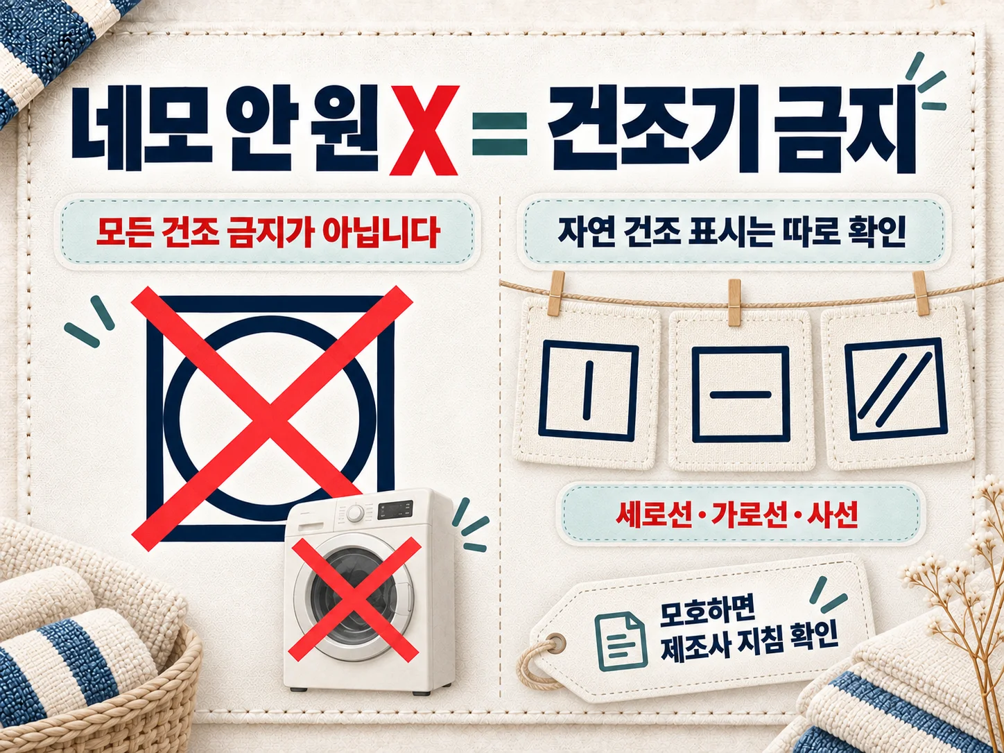 세탁 라벨의 네모 안 원 X 건조기 금지 기호