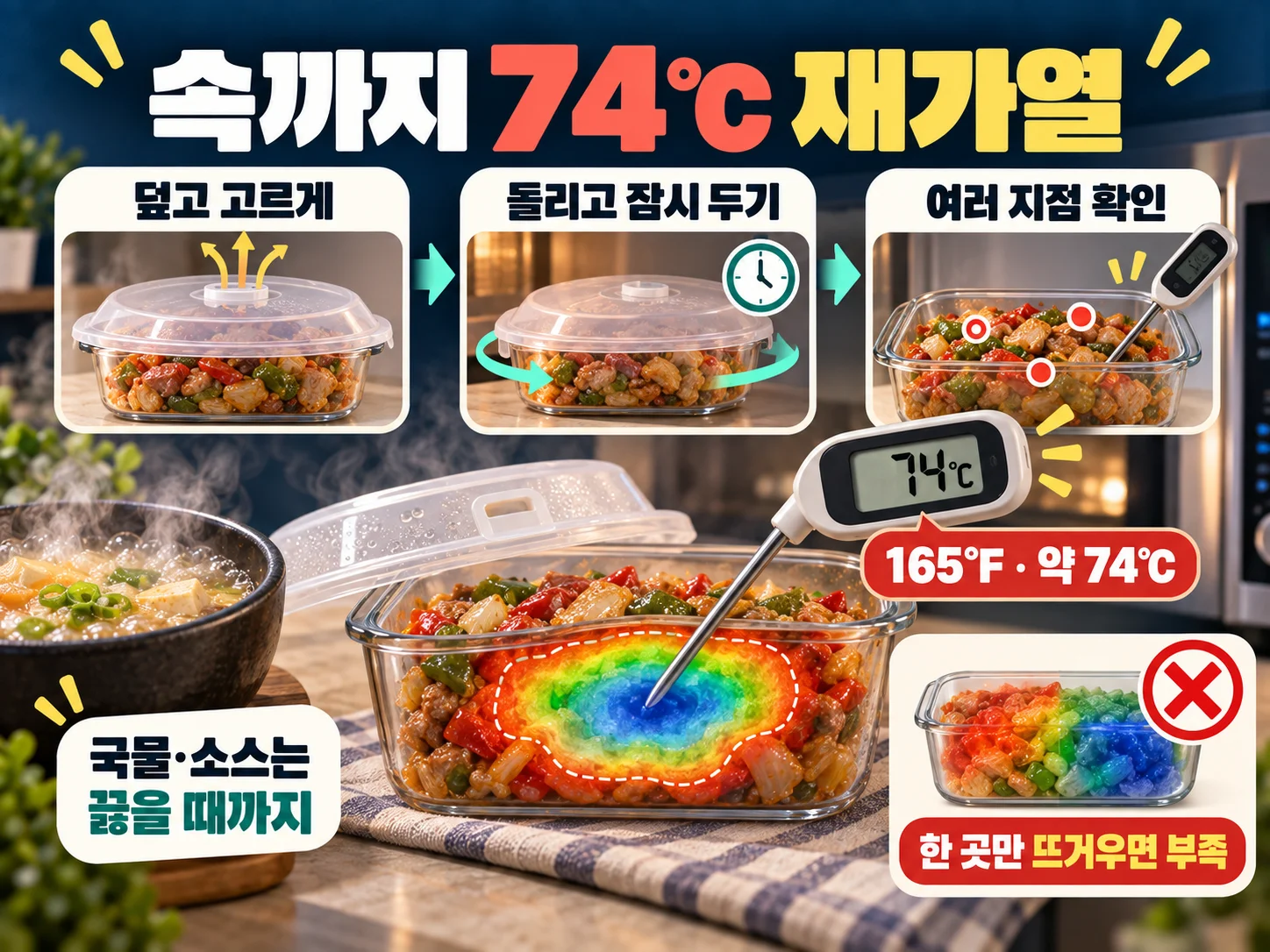 남은 음식 재가열 74도와 식품용 온도계 확인