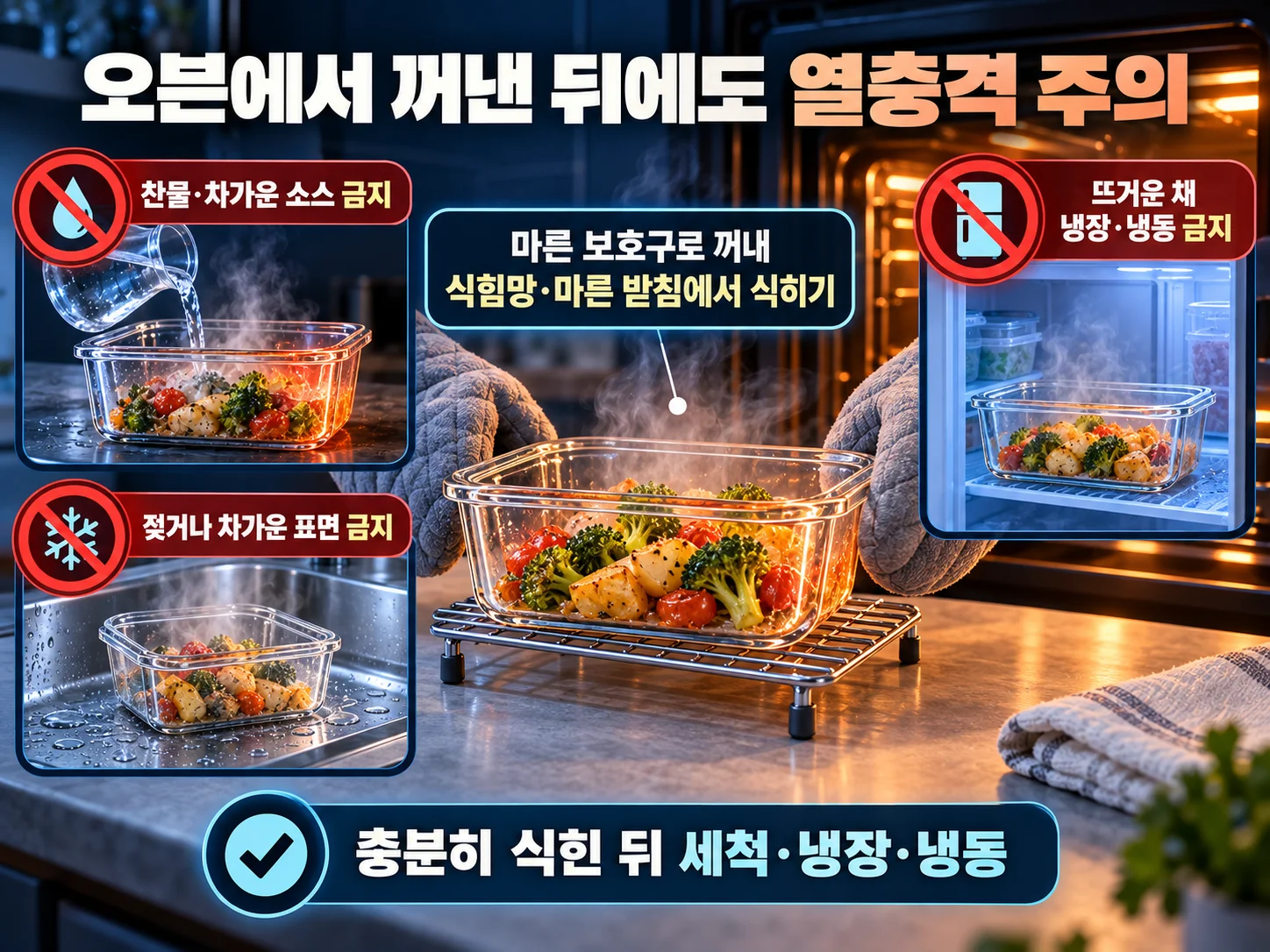 뜨거운 내열유리 용기를 마른 받침에서 안전하게 식히는 방법