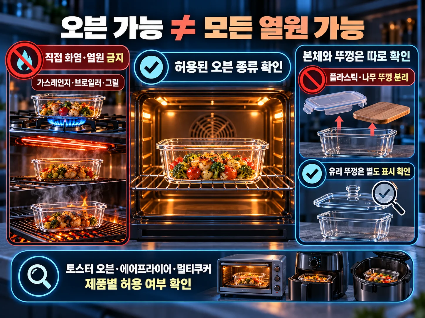 내열유리 용기의 오븐 열원 구분과 뚜껑 분리 확인