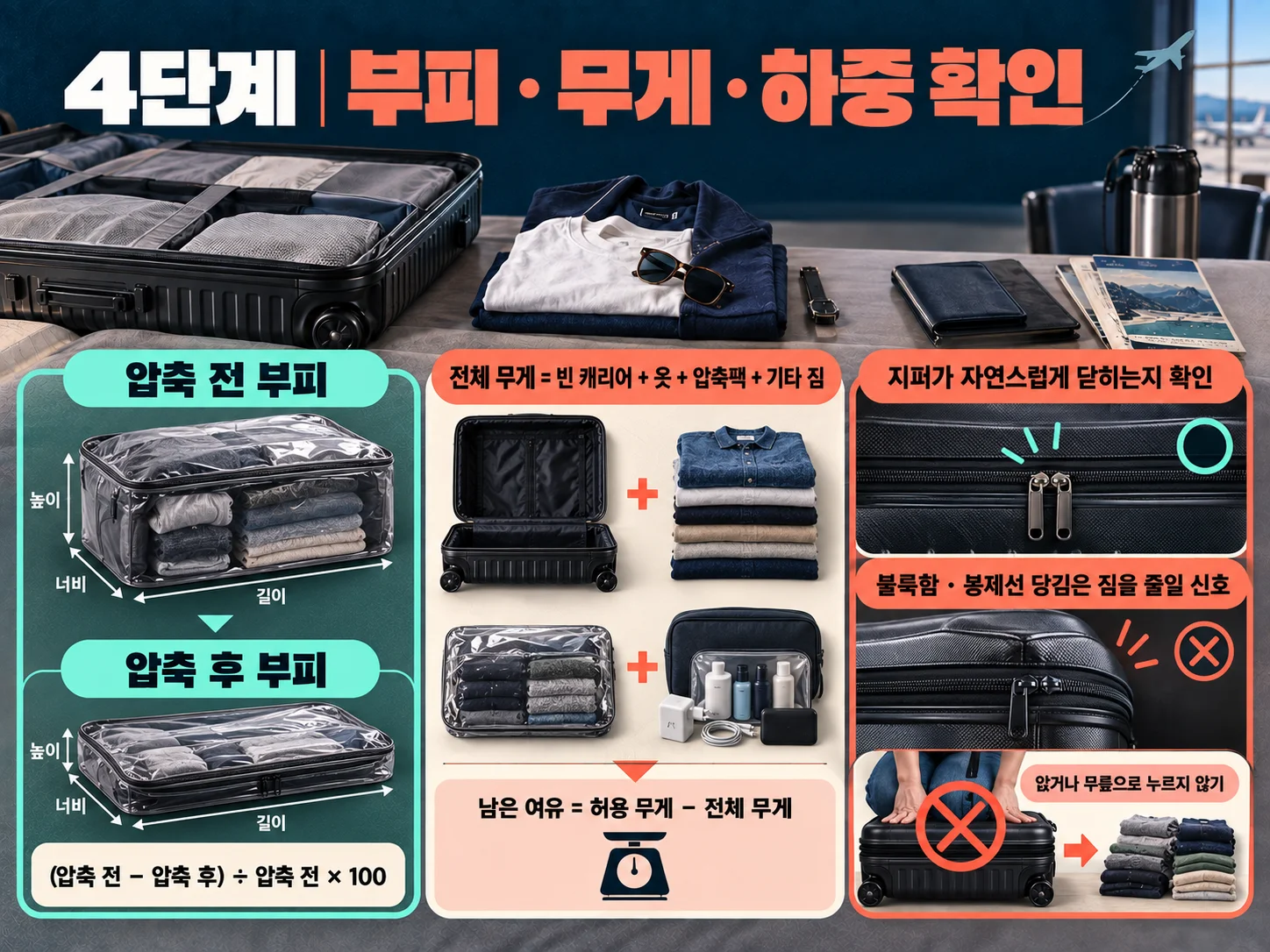 압축팩을 넣은 캐리어의 부피·무게·지퍼 하중을 점검하는 모습.