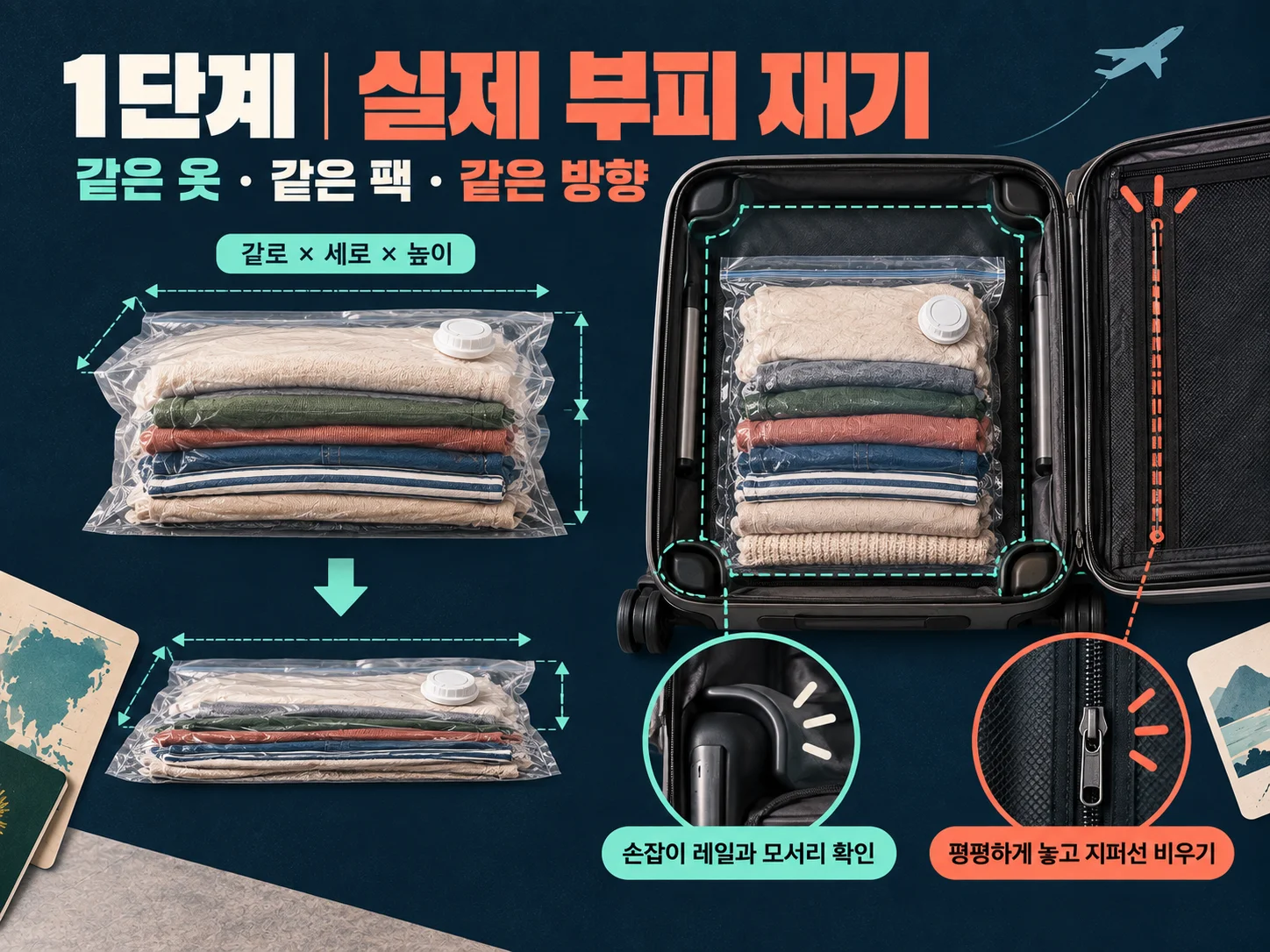 여행 압축팩의 압축 전후 부피와 캐리어 내부 공간을 측정하는 모습.