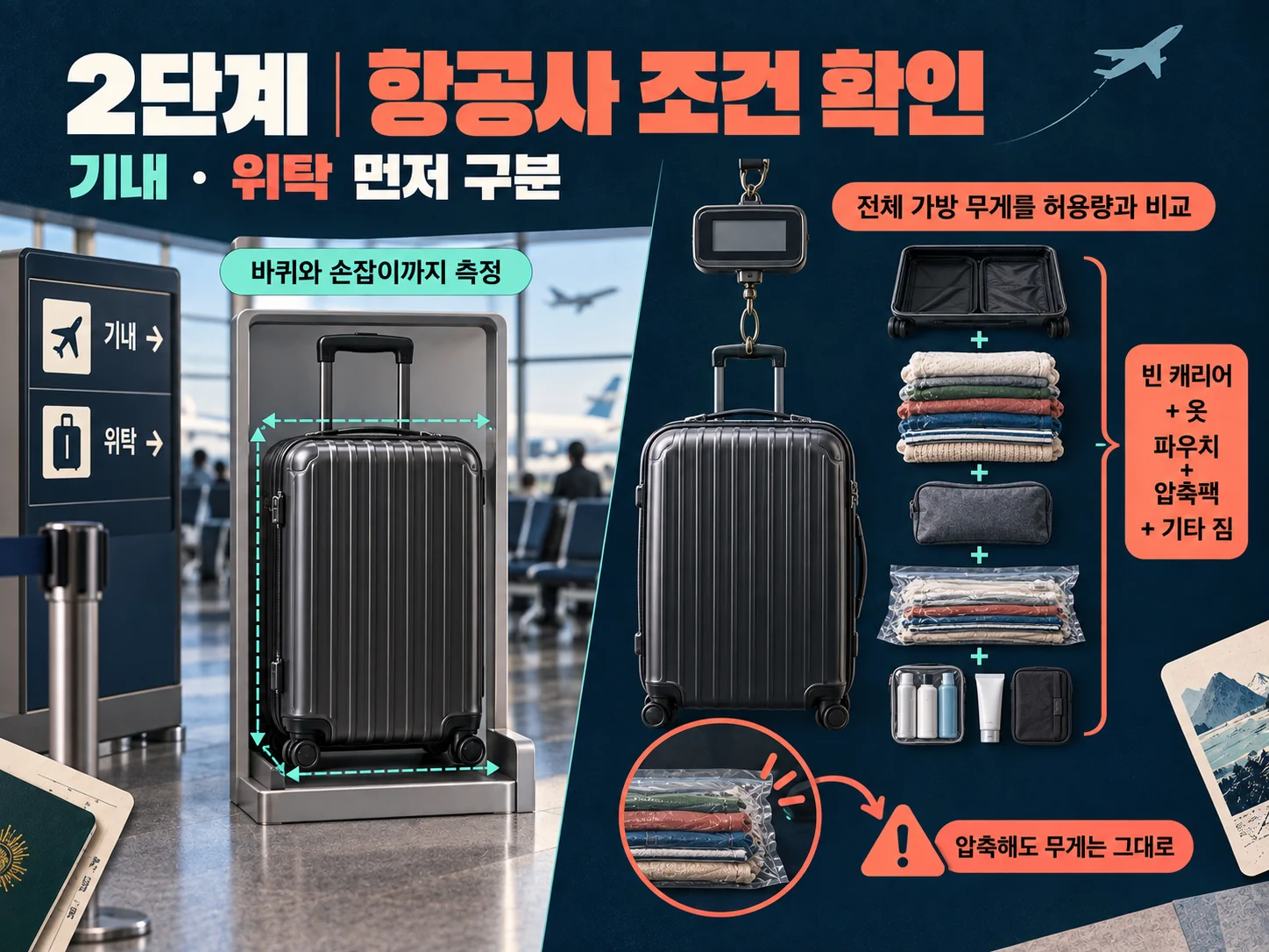항공사 수하물 규정과 캐리어 전체 무게를 확인하는 여행객.
