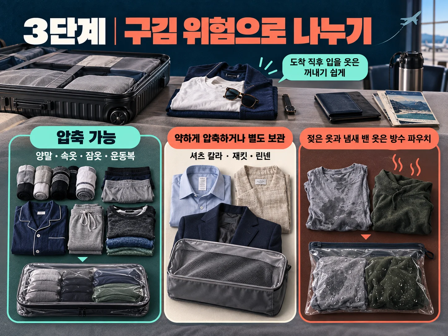 여행 압축팩에 넣을 옷과 구김 위험 의류를 분류한 모습.