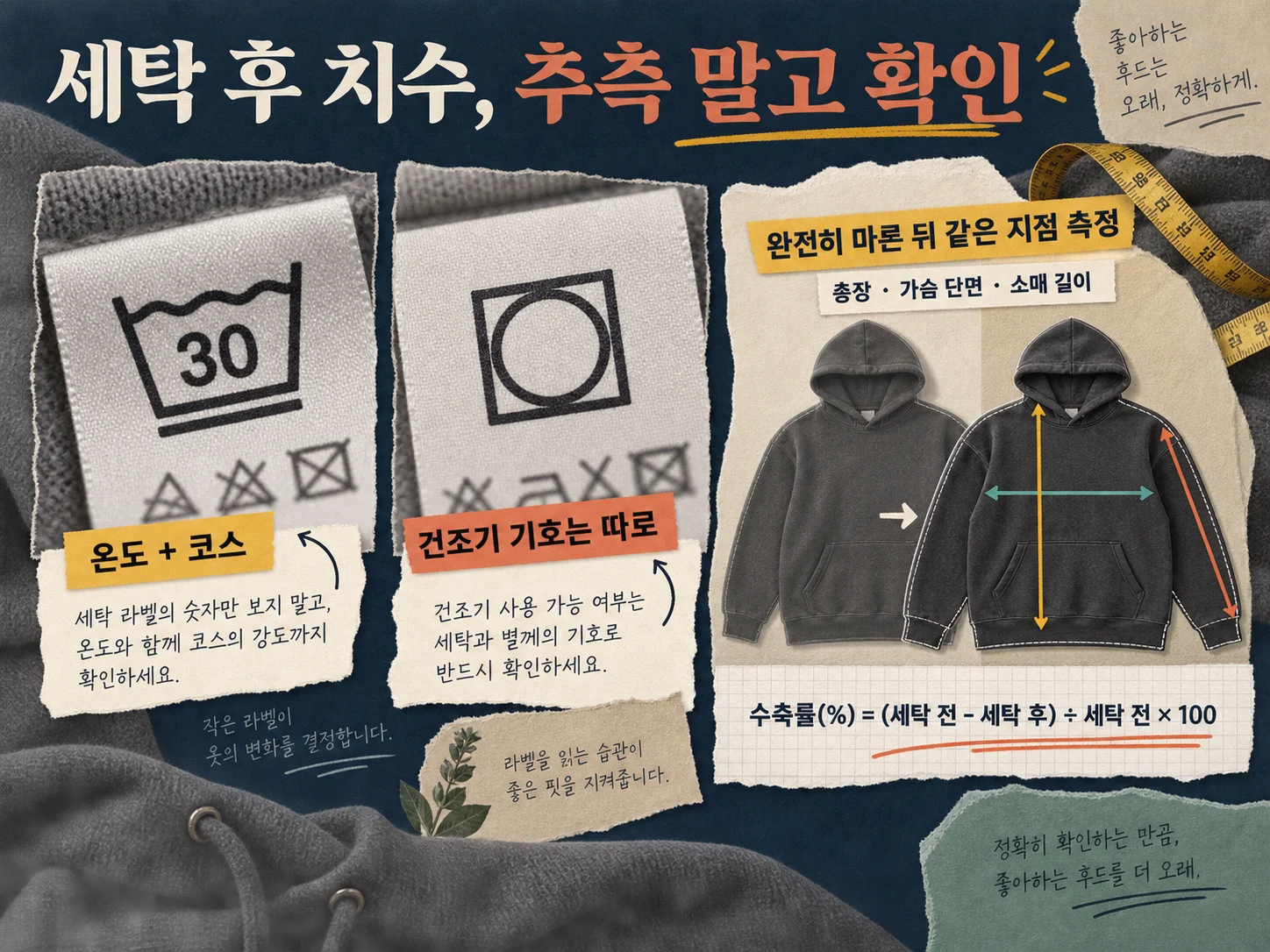 후드집업 관리 라벨과 세탁 수축 실측 확인