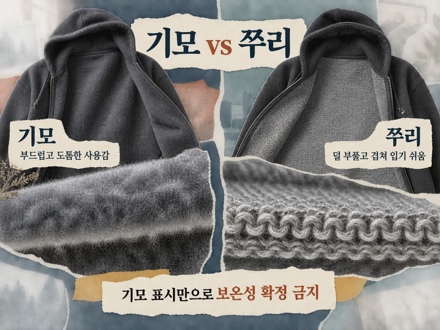 기모 후드집업과 쭈리 후드집업 안쪽 원단 비교