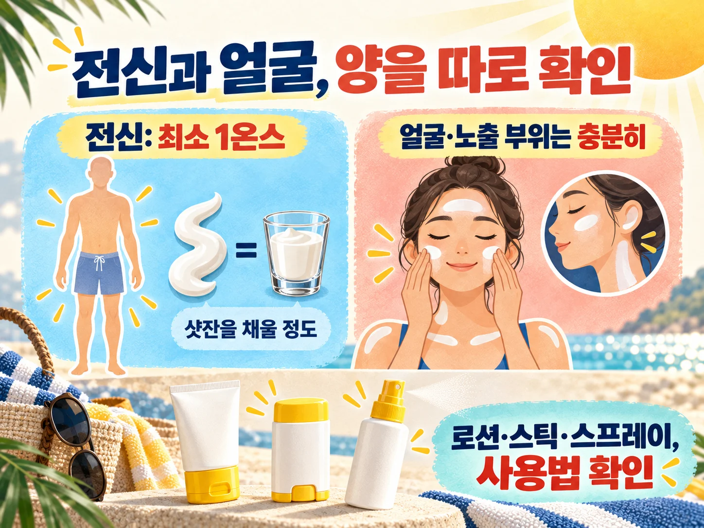 얼굴과 노출 부위에 충분한 선크림 사용량을 확인하는 장면
