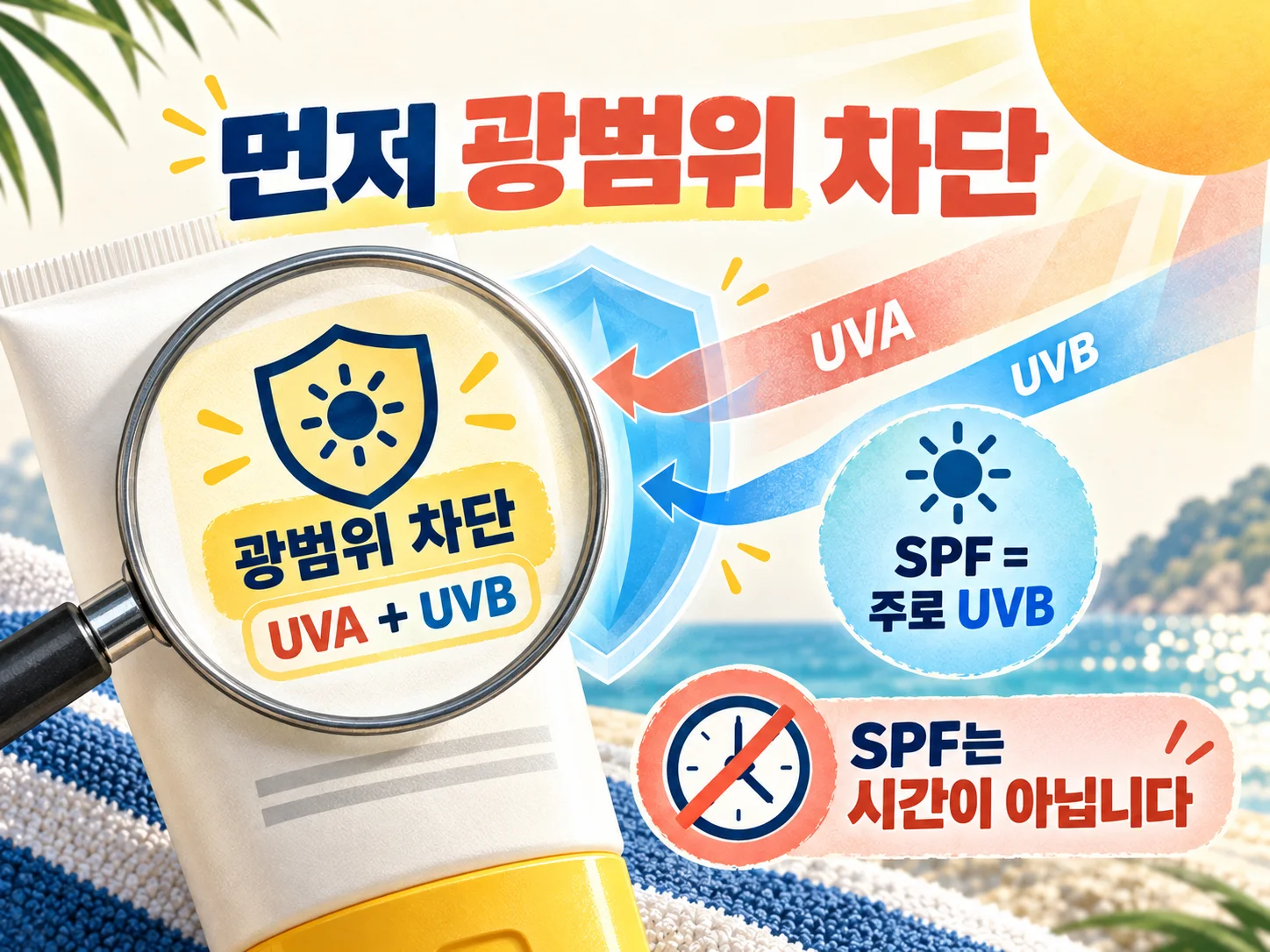광범위 차단과 SPF 표시를 확인하는 선크림 라벨