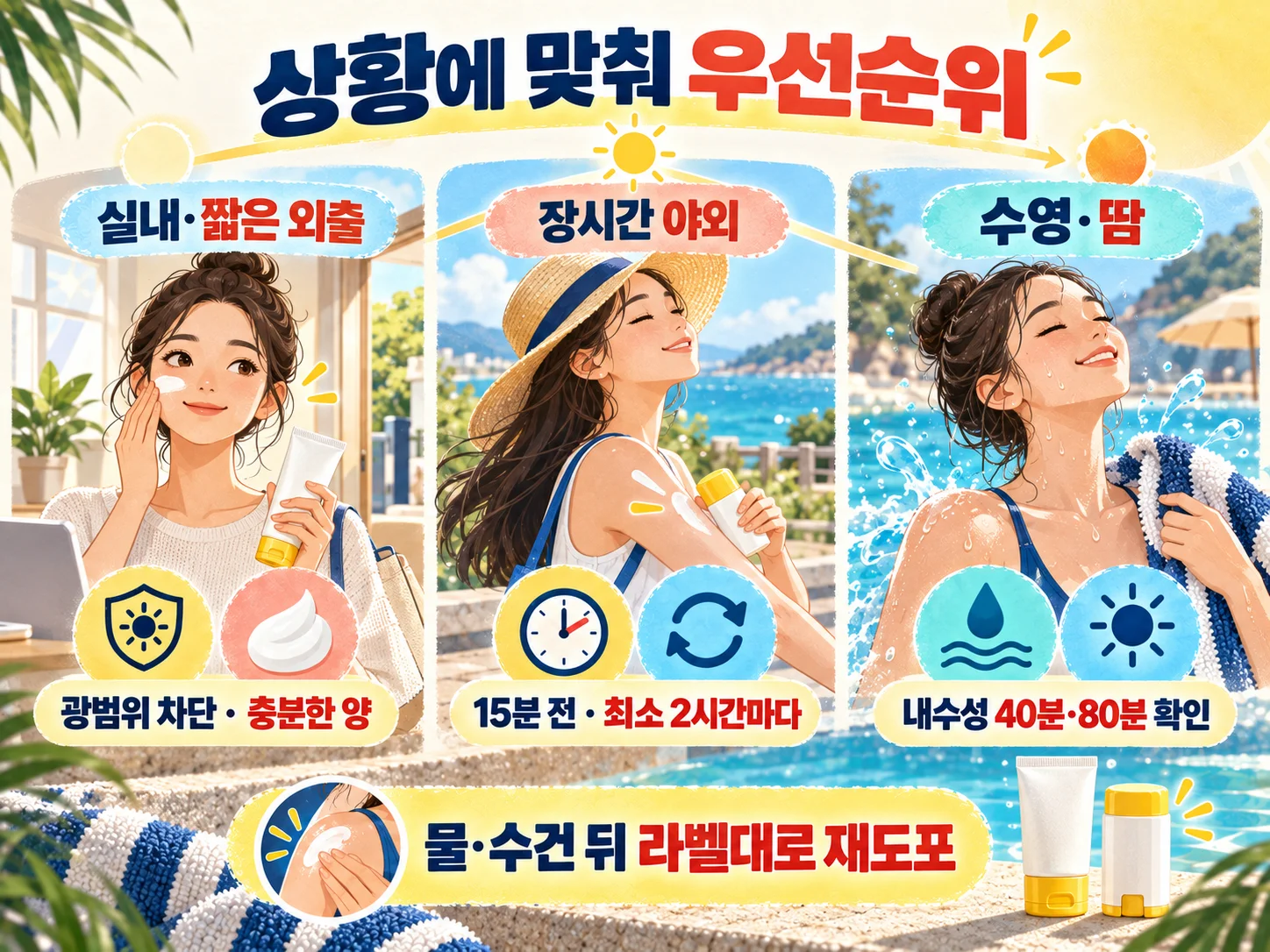 일상 외출과 야외 활동, 수영 상황별 선크림 선택 기준