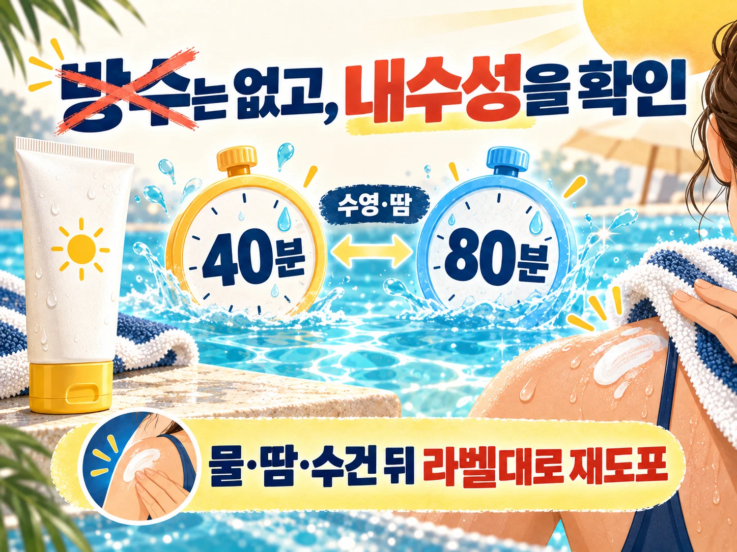 물놀이 전 내수성 40분·80분 표시를 확인하는 선크림