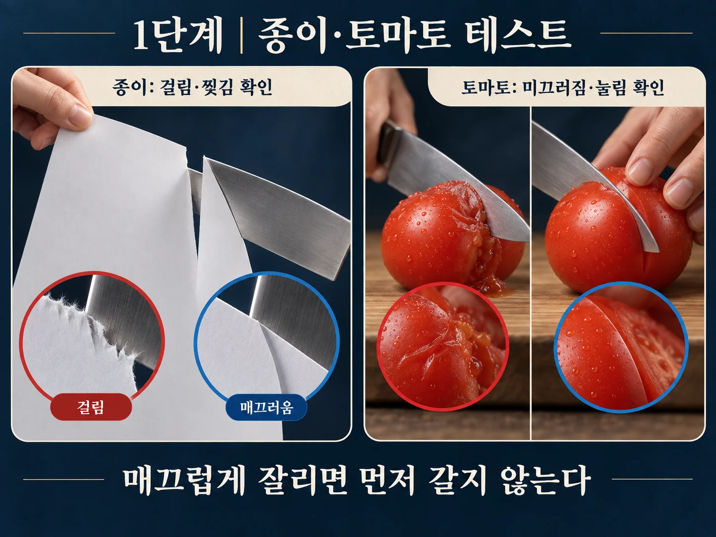 종이와 토마토로 칼날 상태를 확인하는 칼 호닝 전 점검