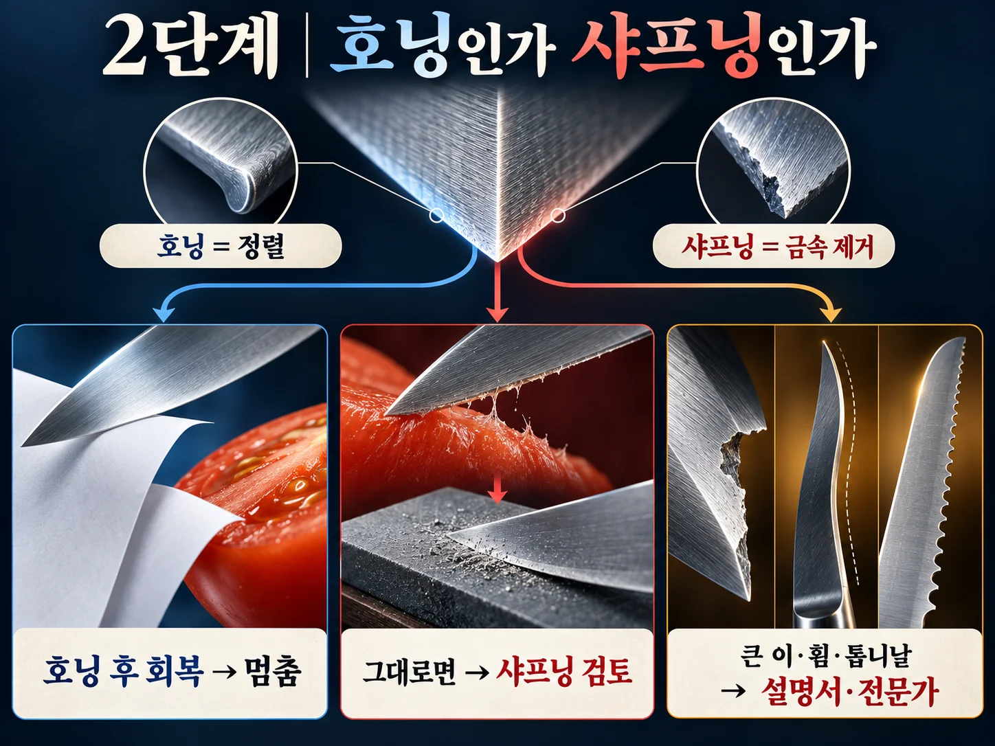 호닝과 샤프닝 필요 상태를 구분하는 칼날 관리 기준