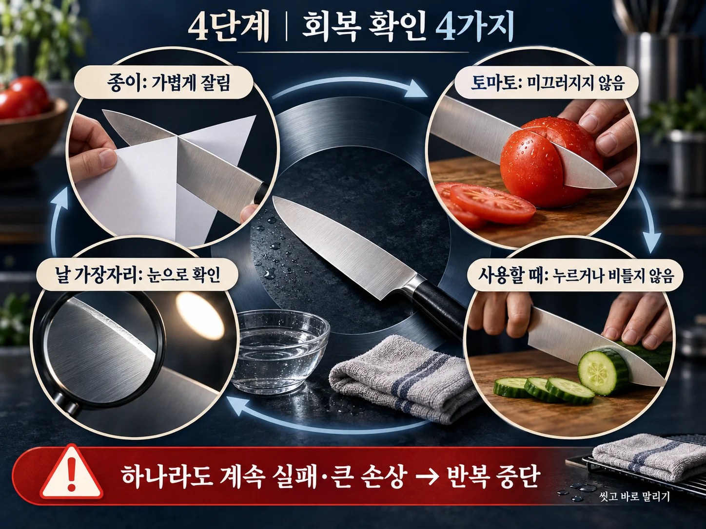 칼 호닝 또는 샤프닝 후 절단 성능을 확인하는 점검 항목