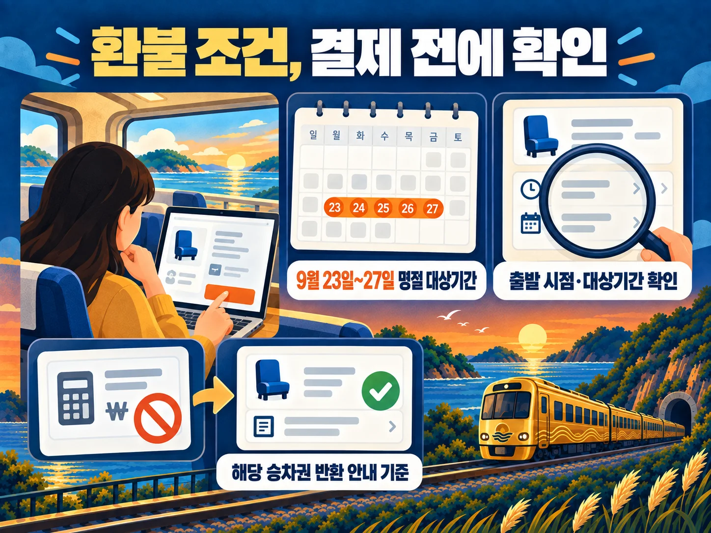 서해금빛열차 운임과 명절 기간 환불 조건을 확인하는 이미지.